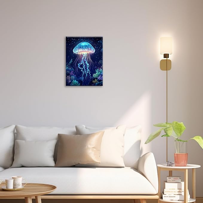 Ocean Jellyfish Wall Art Canvas Coral Fish Wall Decor Prints Framed Painting Underwater Pictures Gifts Artwork for Bathroom Living Dining 12"x16"