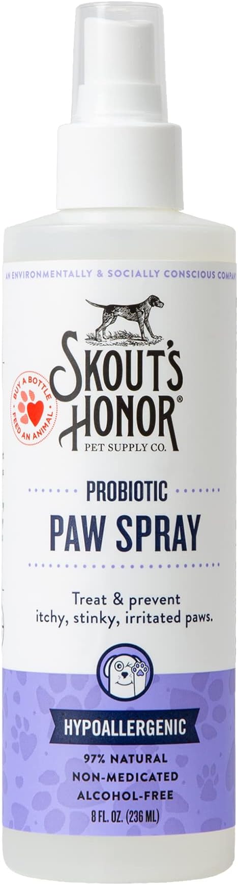 Skout's Honor Probiotic Paw Spray for Dogs - Microbiome-Friendly Certified - Alcohol-Free, Fragrance-Free & Non-Medicated - Supports Healthy Skin & Relieves Itchy, Stinky Paws, 8 oz