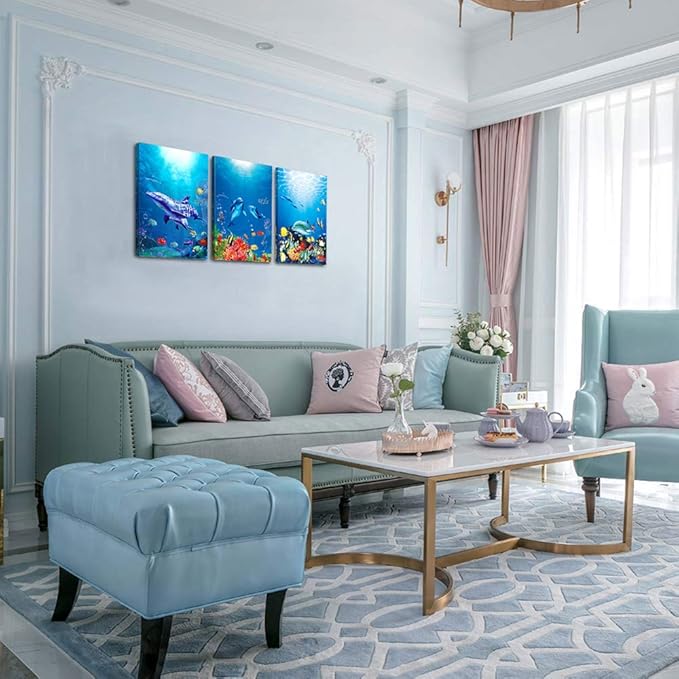 blue ocean fish 3 Pieces Framed Wall Art for Living Room Bathroom Wall Decoration Canvas Print Children's Bedroom Wall decor Office Kitchen Home Decoration Underwater World Watercolor Painting