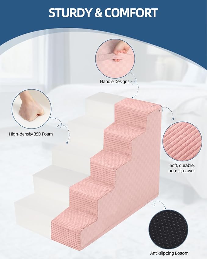 Dog Stairs for Small Dogs,22" H,5-Step Dog Steps for Bed and Couch with High Density Foam,Non-Slip Pet Steps for Doggy and Cat,Pet Stairs with a Washable Cover,Pink