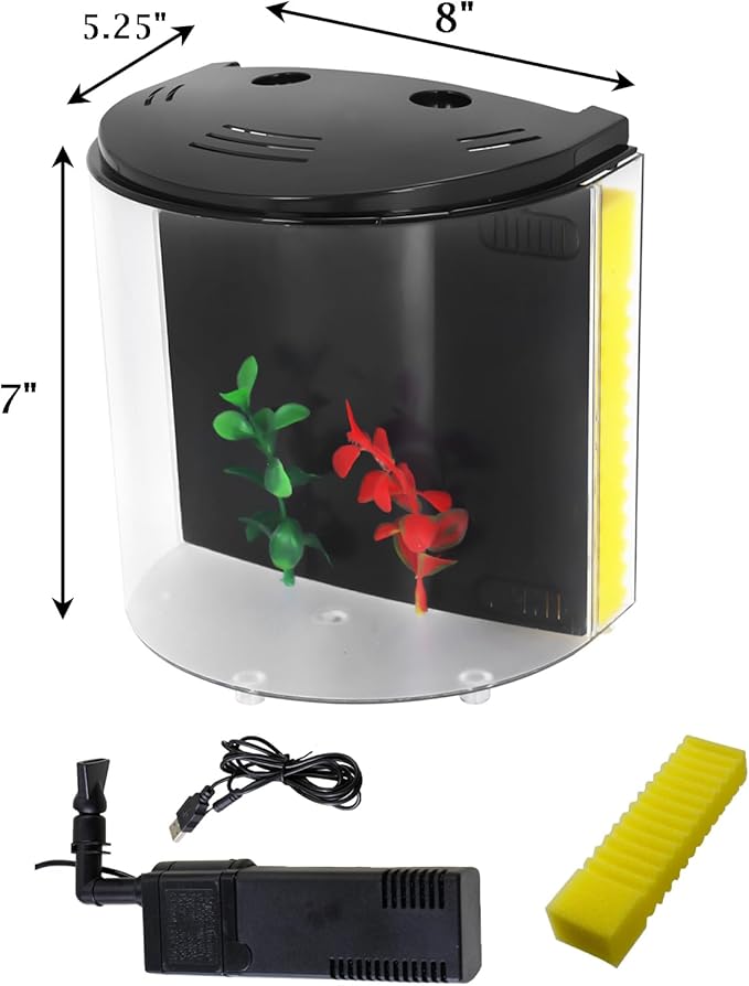 AQUANEAT Fish Tank, 1.2 Gallon Aquarium, Small Betta Fish Tank Starter Kit with LED Light and Water Filter Pump, Round