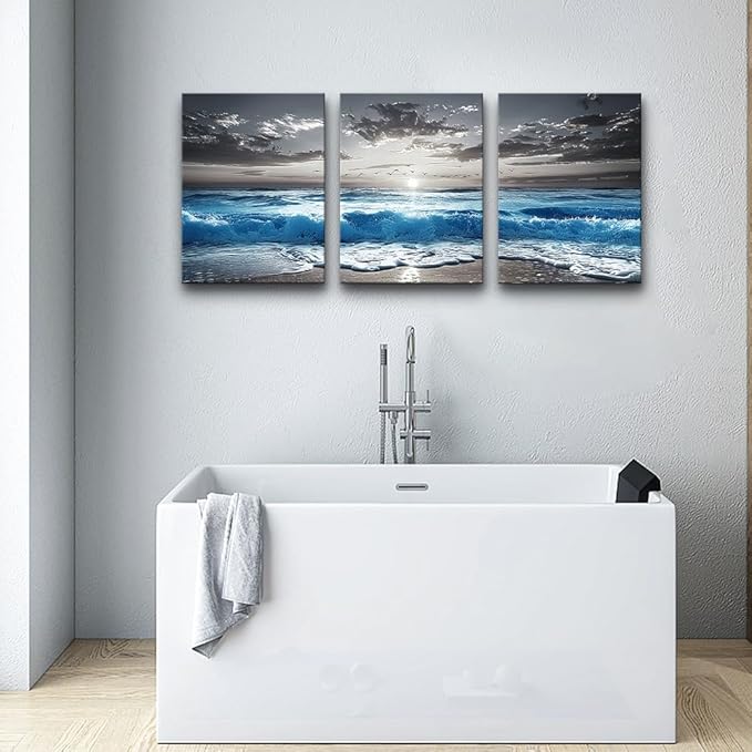 TTHYUEWS Beach Wall Art For Living Room Canvas Wall Decor For Bedroom Office Decorations Blue Sea Wave Paintings Black And White Wall Pictures Artworks Bathroom Canvas Art Modern Home Decor 3 Piece