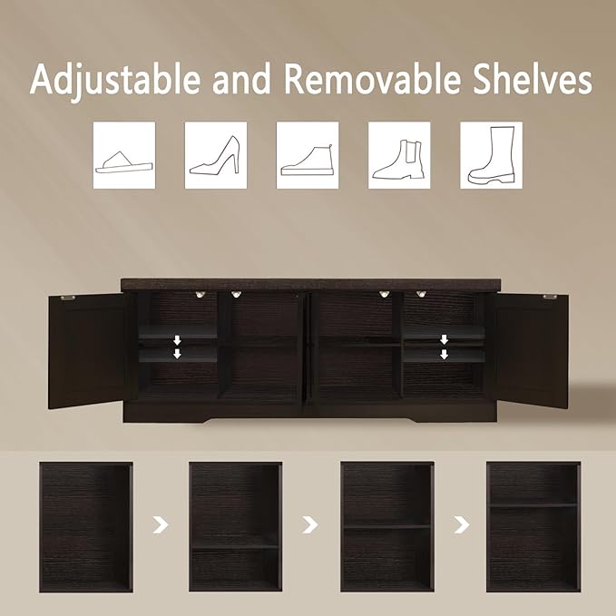 DINZI LVJ Shoe Bench, Entryway Storage Bench with Doors, Cushion, 2-Tier Shoe Rack with 8-Cubby, 47.2”L x 13.8”W Shoe Organizer Cabinet, Adjustable Shelf, Living Room, Bedroom, Espresso with Rattan