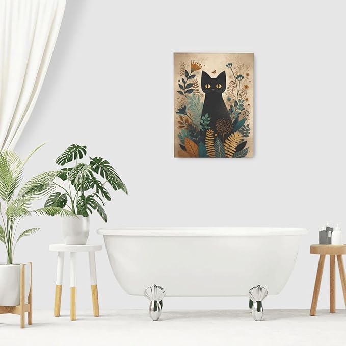 Boho Black Cat Wall Art Kitten Botanical Wall Decor Mid Century Modern Canvas Painting Print Minimalist Pictures Artwork Framed Decorations Gifts for Cat Lover Bathroom Nursery Living Room Bedroom Kitchen 12"x16"