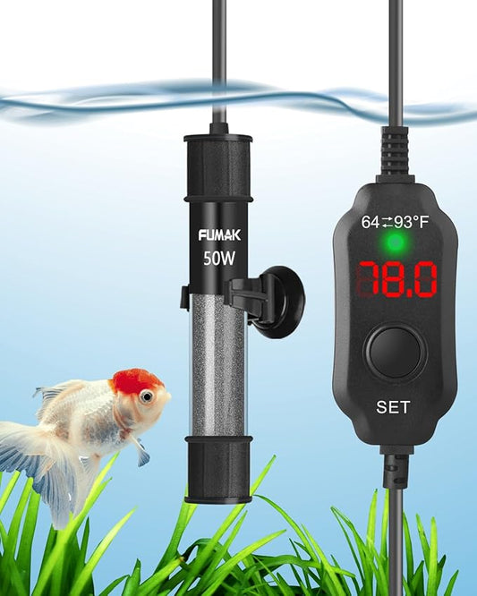 50W Adjustable Aquarium Heater Super Short Submersible Fish Tank Heater Fish Heater with LED Digital Display Thermostat, for Tanks 5-10 Gallons