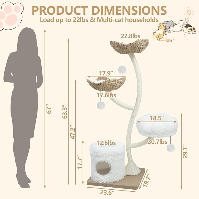 63” Tall Cat Tree Tower for Indoor Cats, Multi-Level Large Cat Climbing Furniture with Scratching Posts, Soft Perch, Cozy Cave, and Hanging Toys, Sturdy Design for Multi-Cat Households