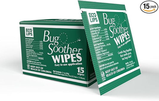 Bug Soother Wipes (15-ct) - Natural Mosquito Repellent & Deterrent - 100% DEET-Free Safe Single-Use Bug Wipes for Adults, Kids, & Pets - Made in USA