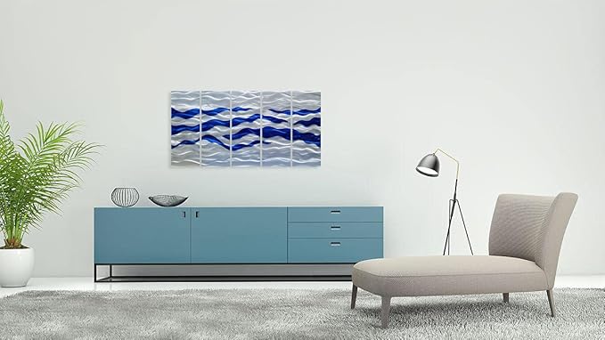 SYGALLERIER Abstract Coastal Metal Wall Art Handcrafted Big 3D Blue and Silver Artwork Modern Sea Waves Pictures Contemporary Sculpture for Living Room Bedroom Bathroom Decor