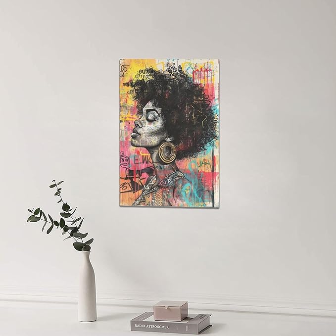 Quorin African American Wall Art Banksy Graffiti Black Woman Pictures Black Girl Wall Decor Canvas Print Painting Artwork for Bathroom Living Room Bedroom 16"x24"