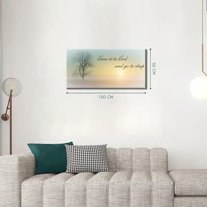 Lasdel Canvas Wall Art of Misty Sunset & Tree Plant Picture For Bedroom Home Above Bed, White Country Wood Sign For Bathroom, Give It To God & Go to Sleep Artwork Decor, Inner Frame 20x40 Inches