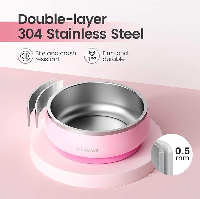 Pawaii Stainless Steel Dog Bowl with Non-Slip Rubber Base & Double Wall Insulation - Durable Design | Includes ID Tag | Dishwasher Safe Food & Water Bowl for All Dogs (34oz)