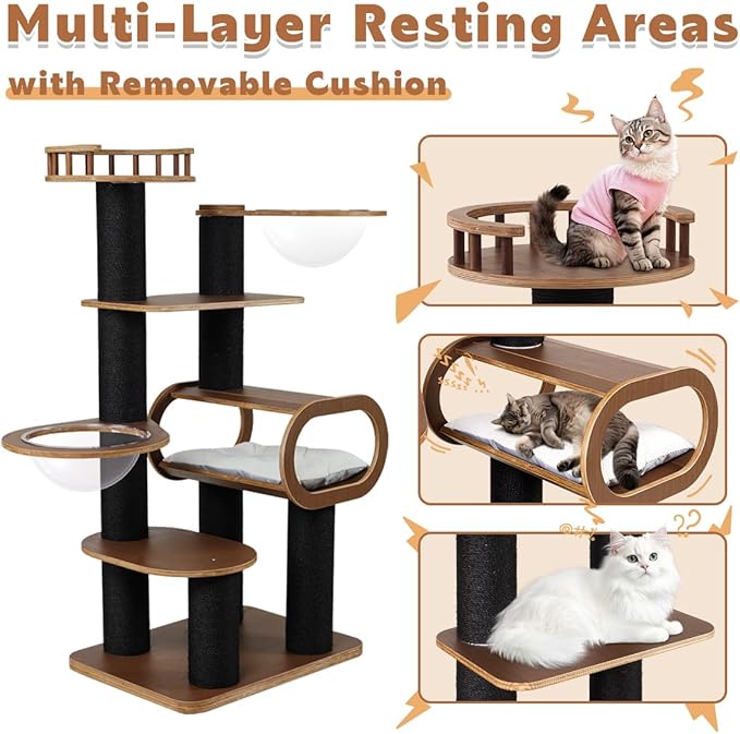 63'' Modern Cat Tree, Black Cat Tower with Scratching Post, Wooden Cat Tree for Indoor Cats Large Adult, Luxury Cat Furniture, Heavy Duty Activity Center with Transparent Bowl and Semi-Closed Condo