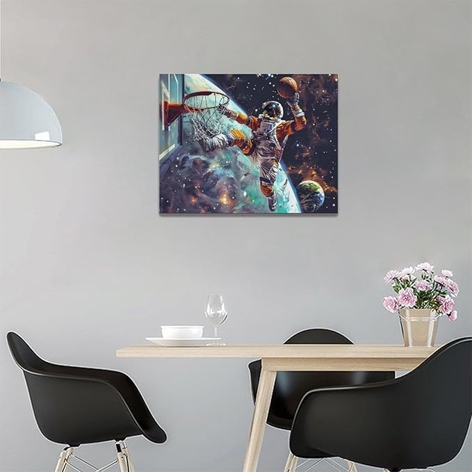 Quorin Astronaut Wall Art Funny Spaceman Basketball Pictures Space Galaxy Planet Wall Decor Canvas Print Painting Artwork for Bathroom Living Room Bedroom 12"x16"