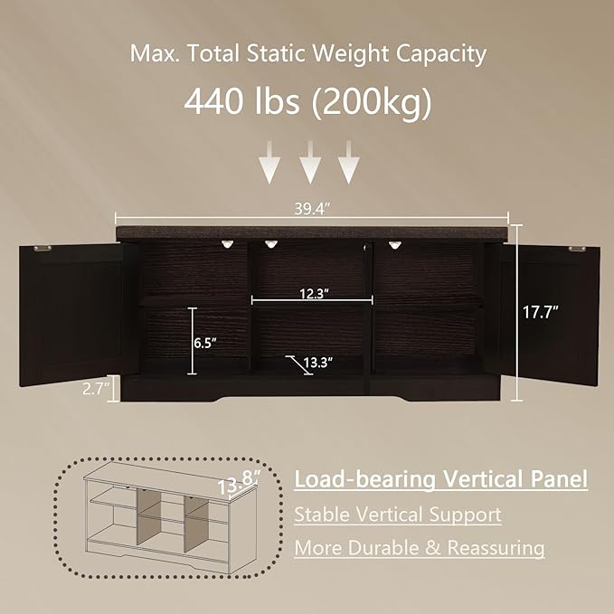 DINZI LVJ Shoe Bench, Entryway Storage Bench with Doors, Cushion, 2-Tier Shoe Rack with 6-Cubby, 39.4”L x 13.8”W Shoe Organizer Cabinet, Adjustable Shelf, Living Room, Bedroom, Espresso with Rattan