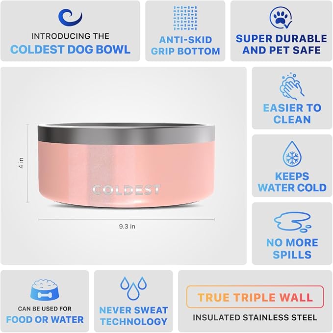 Coldest Dog Bowl - Anti Rust Metal, Non Slip, 3 Layers Insulated Stainless Steel Dog Bowls - Spill Proof & Heavy Duty - Water Bowl for Dogs, Cats, Dish Washer Safe (100 oz, Forever Pink Glitter)