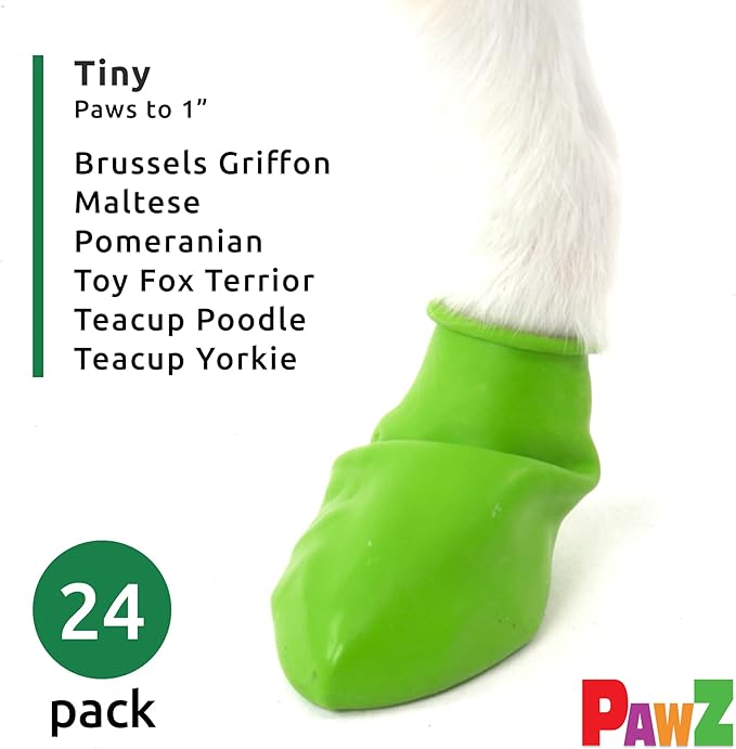 PawZ Rubber Dog Boots for Paws up to 1", 24 Total (2 Packs of 12) - All-Weather Dog Booties for Hot Pavement, Snow, Mud, and Rain - Waterproof, Anti Slip Dog Socks - Tiny, Green