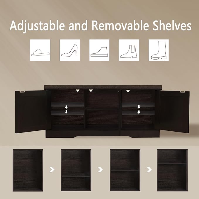 DINZI LVJ Shoe Bench, Entryway Storage Bench with Doors, Cushion, 2-Tier Shoe Rack with 6-Cubby, 39.4”L x 13.8”W Shoe Organizer Cabinet, Adjustable Shelf, Living Room, Bedroom, Espresso with Rattan