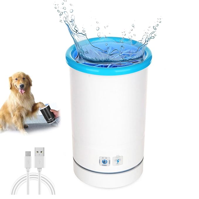 Automatic Dog Cleaner, Soft Electric Washer USB Rechargeable Portable Cleaner Cup, Dog Foot Cleaning Machine for Small to Medium Dogs Cats (White Blue)