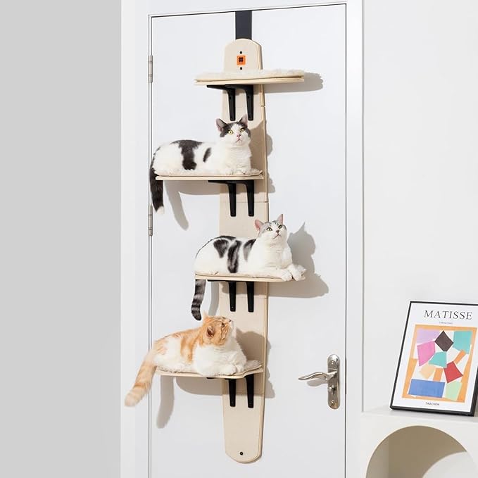 Door Hanging Cat Shelf, Multi Level Door Hanging Cat, Cat Tree Door Hanger Mounted Cat Shelves Cat Ladder, 4-Levels Over Door Cat Climber for Indoor Cats