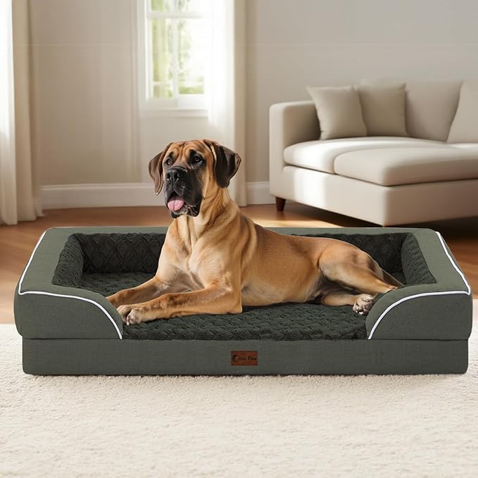 Orthopedic Dog Beds for Large Dogs, Waterproof Memory Foam Dogs Bed with Sides, Non-Slip Bottom and Egg-Crate Foam Big Dog Sofa with Removable Washable Cover(Large,Dark Green)