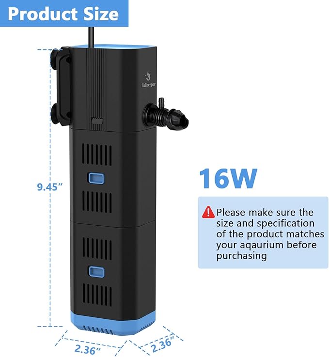 Aquarium Filter for 40-170 Gallon Tank，265GPH Fish Tank Filter 16W Green Clean Machine Submersible Pump Filter for Green Water and Algae Clean,Submersible Internal Filter for Saltwater Freshwater
