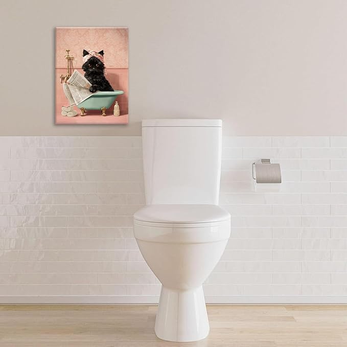 Cat Bathroom Wall Decor Black Cat Reading Newspaper in Bathtub Canvas Wall Art Funny Bathroom Pictures Kitten Painting Print Pink Artwork Framed Decorations Gifts 12"x16"