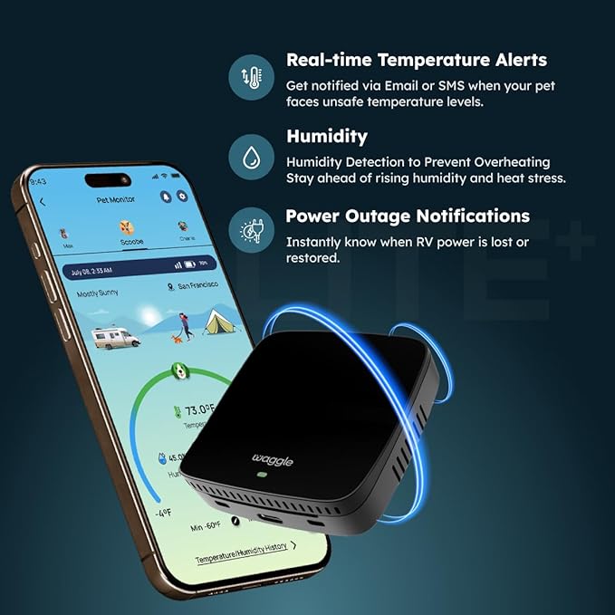 Waggle RV/Pet Temperature Monitor Lite + 4G Mini Camera Bundle - RV Pet Monitor | Real-time Temperature, Humidity, 4G Multi Carrier, 4G LTE Security Camera, Indoor/Outdoor, 2 Way Audio, Night Vision