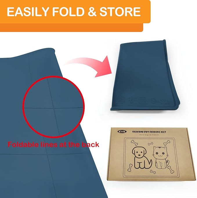 KVK Dog Water Mat 39.4 by 29.5in Extra Large - Silicone Mat for Dog Bowls Waterproof Non Slip - XL Pet Mat for Food and Water Protect Floors - Stone Blue