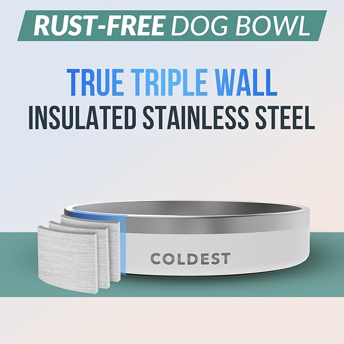 Coldest Dog Bowl - Anti Rust Metal, Non Slip, 3 Layers Insulated Stainless Steel Dog Bowls - Spill Proof & Heavy Duty - Water Bowl for Dogs, Cats & Pets, Dish Washer Safe (21 oz, Epic White)