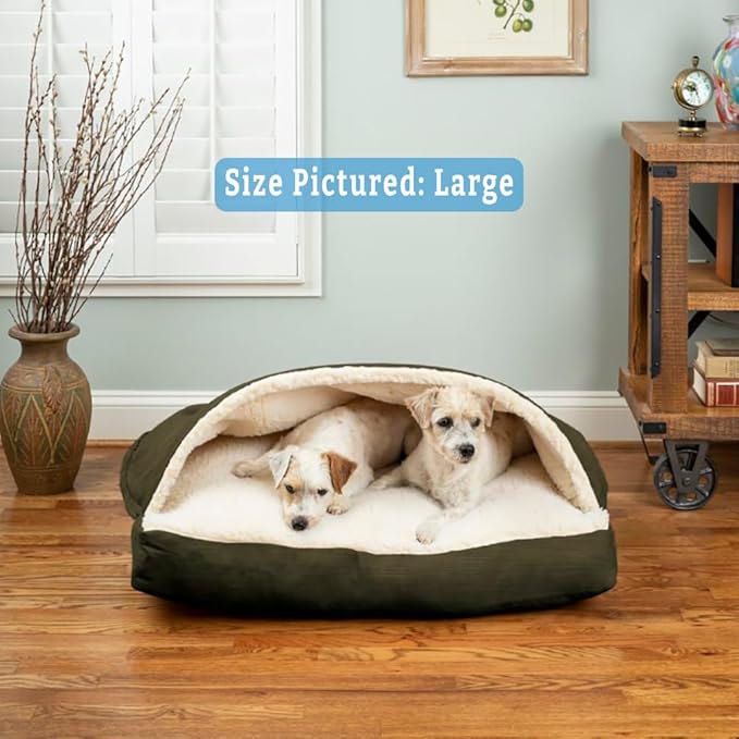 Snoozer Rectangle Cozy Cave Dog Bed - Indoor Dog Bed with Cover Cave, Covered Calming Burrow for Medium & Large Sized Pets with Blanket Attached, Enclosed, Washable - Large, Olive