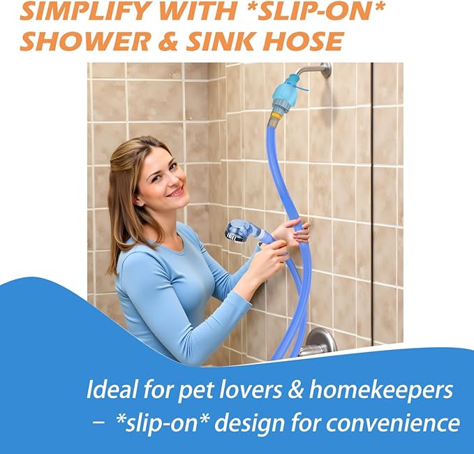 Slip-On Shower Hose Attachment with 6 Ft Hose - Faucet & Tub Faucet Adapter for Pet Bathing, Kitchen Sink, Portable Handheld Shower Head (Crystal Blue)
