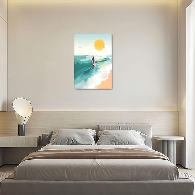 Beach Surfing Wall Art Ocean Coastal Wave Canvas Wall Decor Summer Nature Seascape Pictures Painting Print Framed Artwork Decorations for Bathroom Living Room Office Bedroom 16"x24"