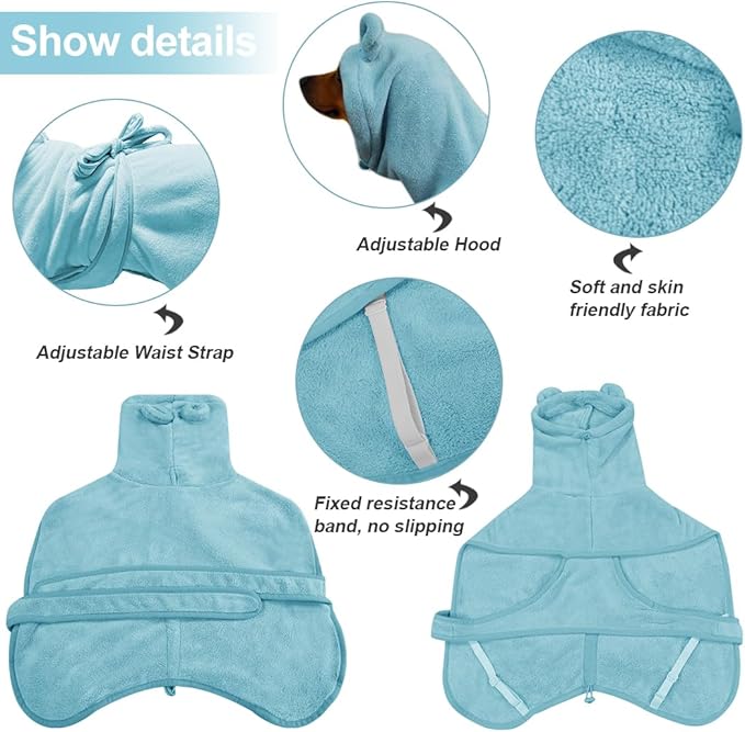 KOOGALSmall to Medium Size Dog Bathrobe, Quick Drying Super Absorbent Used for After Bathing, Warm Dog Towels, Adjustable Hoodies and Belts for Pet Dogs Bath Clothes Products(Blue, L)