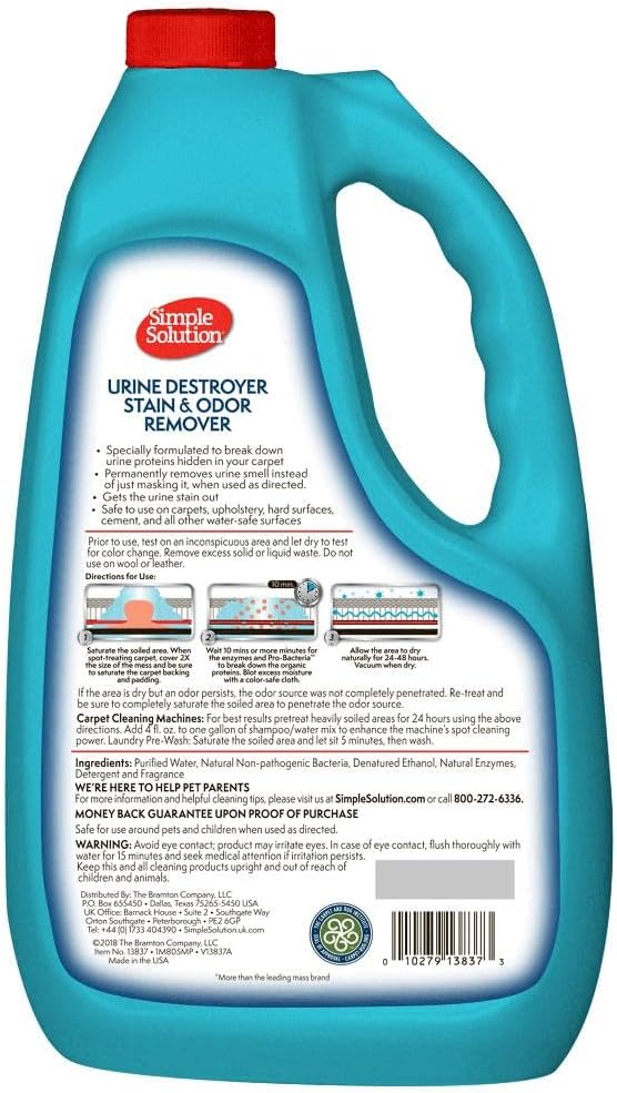Simple Solution Urine Destroyer for Pets, Strong Odor, Enzyme Pet Odor Eliminator for Home, Floor Cleaner, Stain Remover for Cats & Dog Pee, Cat Urine Destroyer, Carpet Cleaner Spray, 1 Gallon