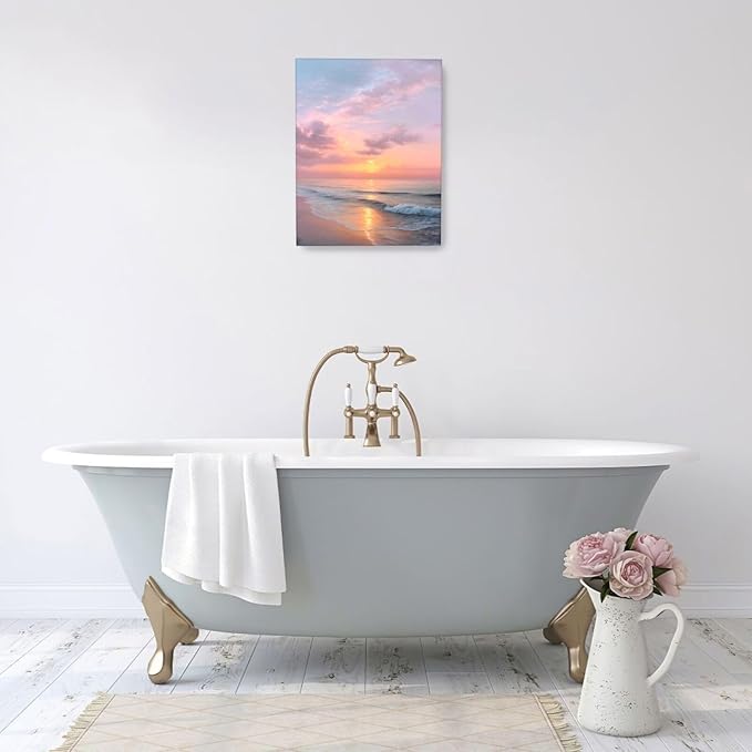 Beach Sunset Wall Art Ocean Coastal Scenery Wall Decor Seascape Picture Canvas Landscape Painting Print Framed Artwork Decorations for Living Room Office Bedroom Kitchen 16"x20"