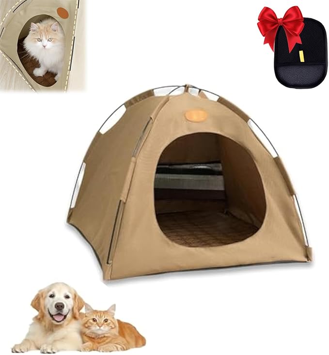 BreezyDen Pop-Up Pet Tent – Portable Indoor/Outdoor Cat Tent, Waterproof Pet Hideaway for Cats & Small Dogs with Mesh Window, Anti-Slip Base & Washable Design (Coffee, M (8 catties Kitten))