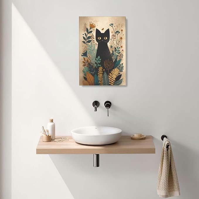 Boho Black Cat Wall Art Kitten Botanical Wall Decor Mid Century Modern Canvas Painting Print Minimalist Pictures Artwork Framed Decorations Gifts for Cat Lover Bathroom Nursery Living Room Bedroom Kitchen 16"x24"