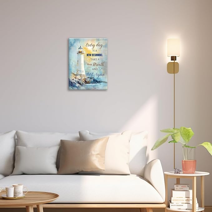 Ocean Lighthouse Pictures Wall Art, Coastal Nautical Bathroom Wall Decor Every Day is a New Beginning Motivational Quote Framed Painting Canvas Artwork for Bedroom Living Room Decorations 16"L x 12"W