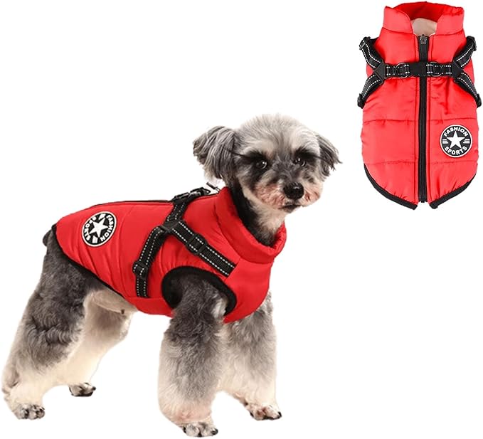 HDKUW Small Dog Jacket, Small Dog Coat Harness Winter Warm Vest Jacket Waterproof Cotton Costume for Puppy Small Dogs (L, Red)