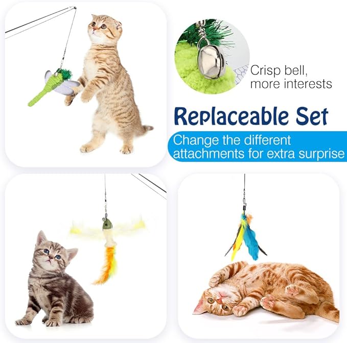 Pawaboo Cat Feather Toys, 4 Pack Interactive Cat Feather Teaser Wand Toys, Retractable Fishing Pole Wand Catcher Exerciser with Refill Fish, Dragonfly Worm with Bells, Fun Kitten Kitty Toy, Colorful