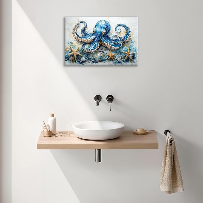 Octopus Bathroom Pictures Wall Art, Sea Animal Ocean Bathroom Wall Decor, Nautical Framed Painting Canvas Artwork for Bedroom Living Room Decorations 24"L x 16"W