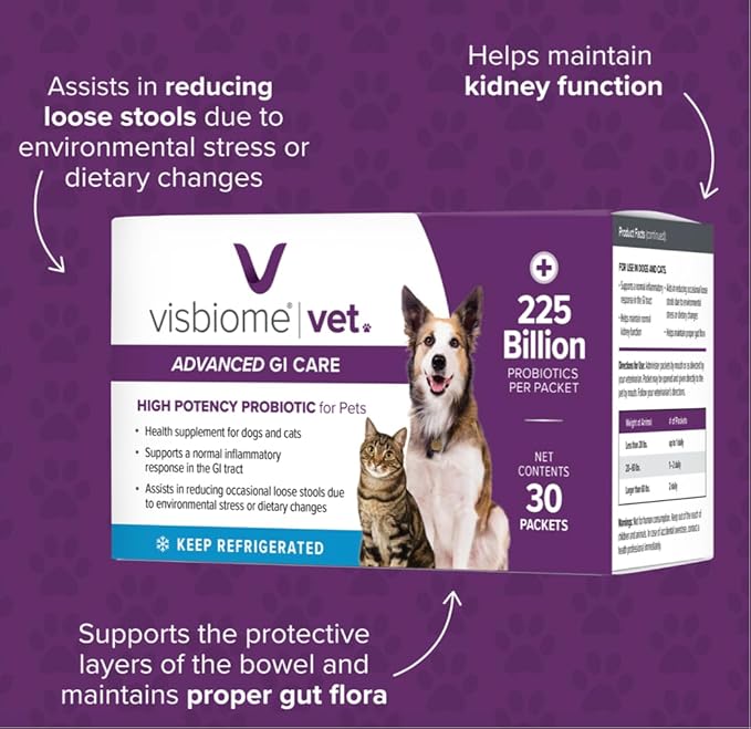 Visbiome® Vet Advanced GI Care Probiotic for Dogs & Cats – 225B CFU, 8-Strain Formula – Veterinarian Recommended, Clean Label Certified – 60 Packets