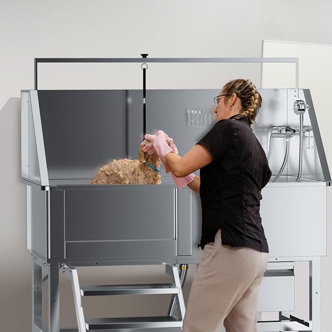 Professional 46" Dog Washing Station, Stainless Steel Dog Bathing Station, Height Adjustable Dog Wash Station, Storage Drawer, Upgrade Parts, Home, Commercial (Left Step)