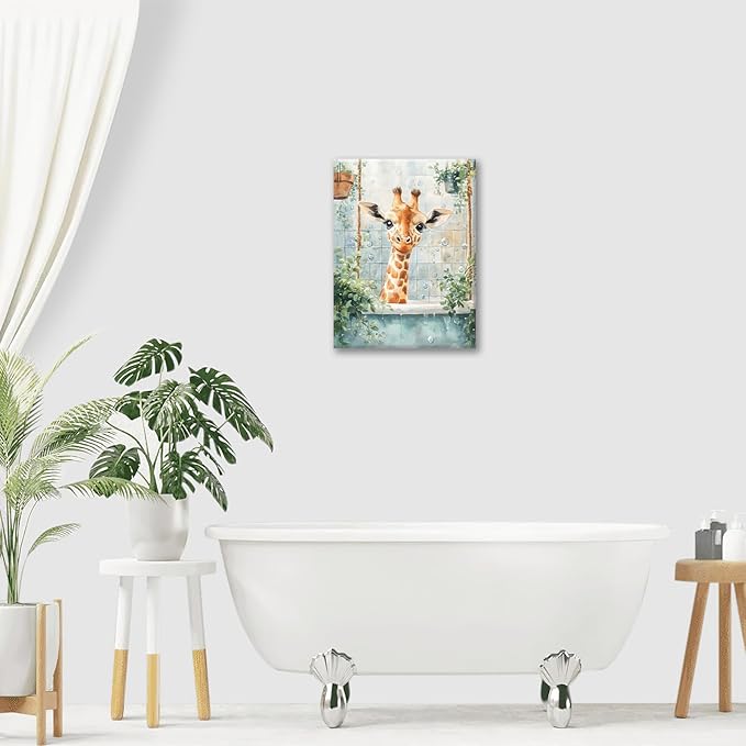 Bathroom Funny Giraffe Pictures Wall Art, Watercolor Giraffe Bathroom Wall Decor, Animal Framed Painting Canvas Artwork for Living Room Decorations 16"L x 12"W