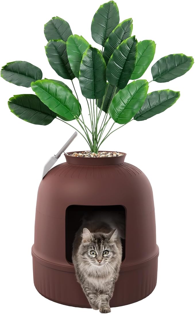 Lifewit Litter Box with Faux Plant & Scoop for Large Cat, Hidden Corner Enclosure Litter Tray with Odor Control & Carbon Filter in Living Room/Bedroom/Bathroom, Brown