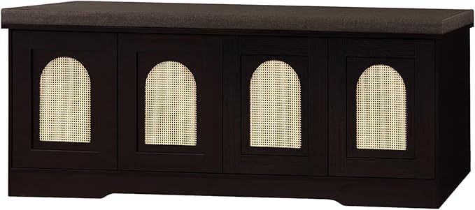 DINZI LVJ Shoe Bench, Entryway Storage Bench with Doors, Cushion, 2-Tier Shoe Rack with 8-Cubby, 47.2”L x 13.8”W Shoe Organizer Cabinet, Adjustable Shelf, Living Room, Bedroom, Espresso with Rattan