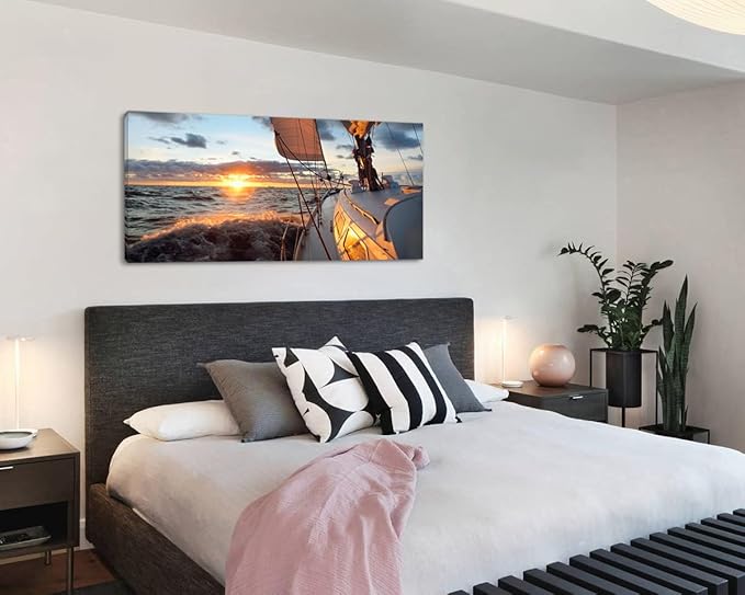 Yacht Sailing in Sea at Sunset Scenery Canvas Wall Art for Living Room Bathroom,Close-up View of Deck Mast Sails Picture Print Artwork Painting Decor,Epic Seascape Scenic Landscape,Inner Frame 24x48