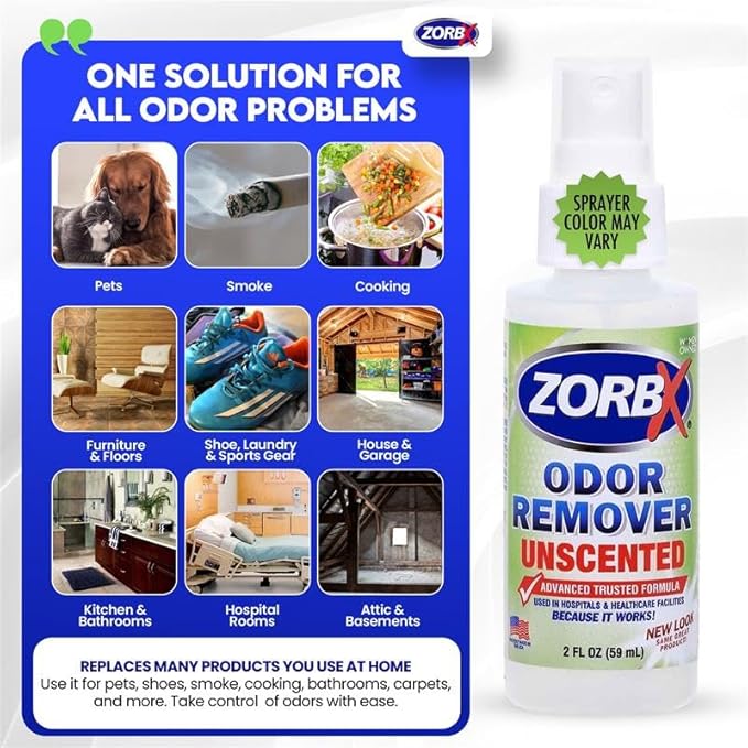ZORBX Unscented Mini Odor Eliminator Spray – Used in Hospitals & Healthcare Facilities | Advanced Trusted Formula | Tag Along, Lightweight and Travel-Friendly Odor Remover - 2 Oz
