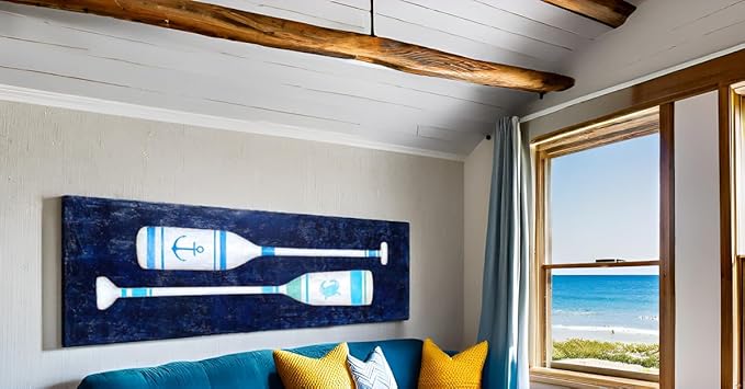 Yihui Arts Coastal Canvas Wall Art - Navy Blue and White Oar Painting for Bedroom Bathroom Decor