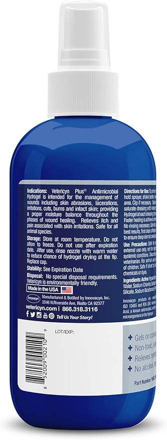 Vetericyn Plus Dog Wound Care Hydrogel Spray | Healing Aid and Wound Protectant, Sprayable Gel to Relieve Dog Itchy Skin, Safe for All Animals. 8 Ounces